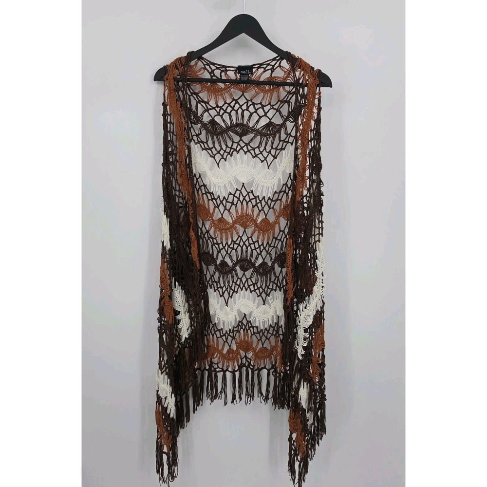 Boho Fringe Knit Crochet Duster Vest Sz L Festival Brown Cowgirl Western Hippie